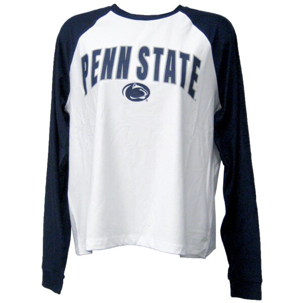 women's white long sleeve baseball t-shirt with navy sleeves Penn State and Athletic Logo